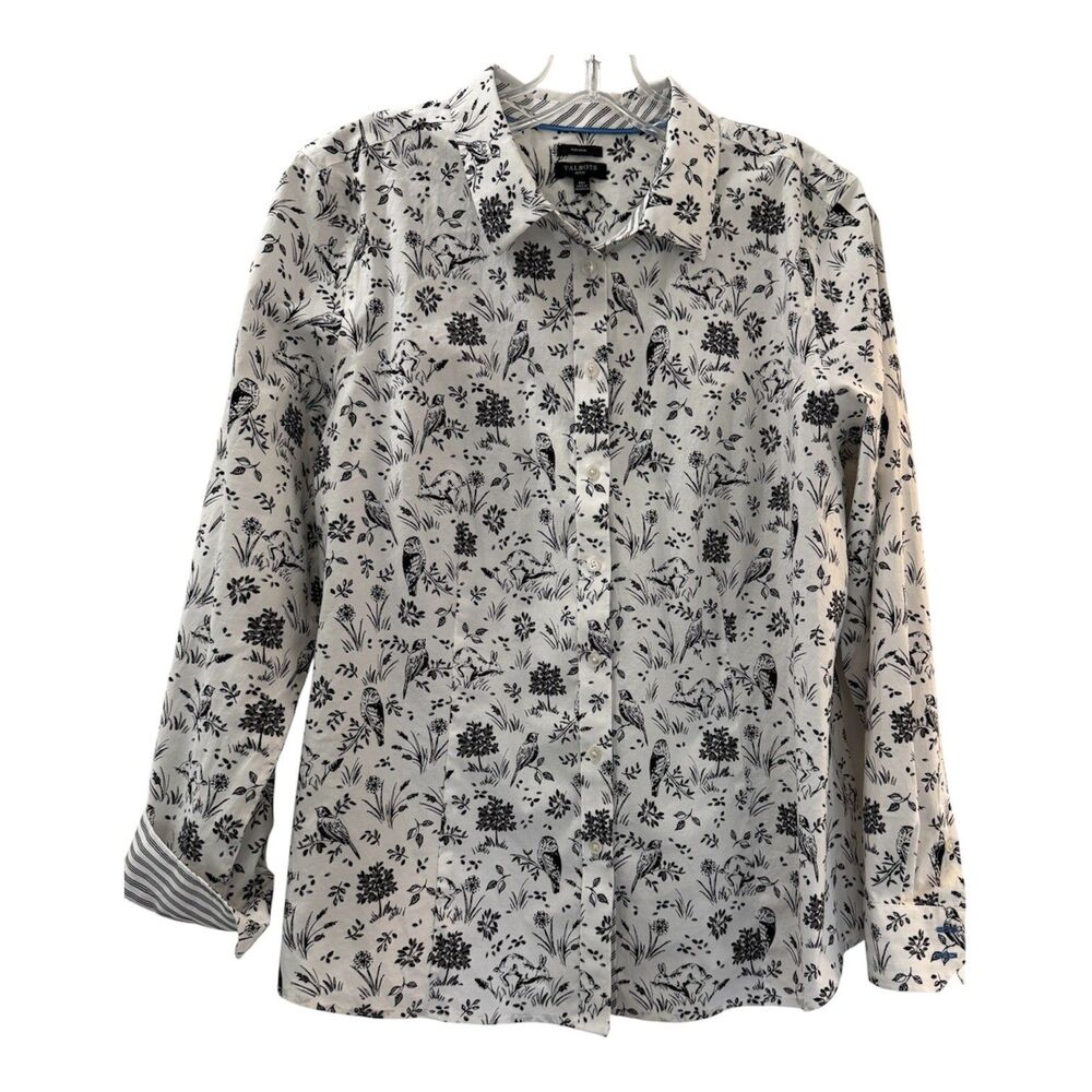 Talbots Bunny Birds Button Down Shirt 16p Black White Non Iron Long Sleeve Top
